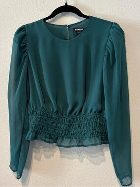 Express Teal Green Smocked Waist Puff Sleeve Blouse Size M